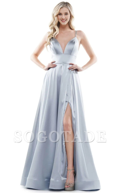 A-line V-neck sleeveless tight corset with side slits and floor length evening gown