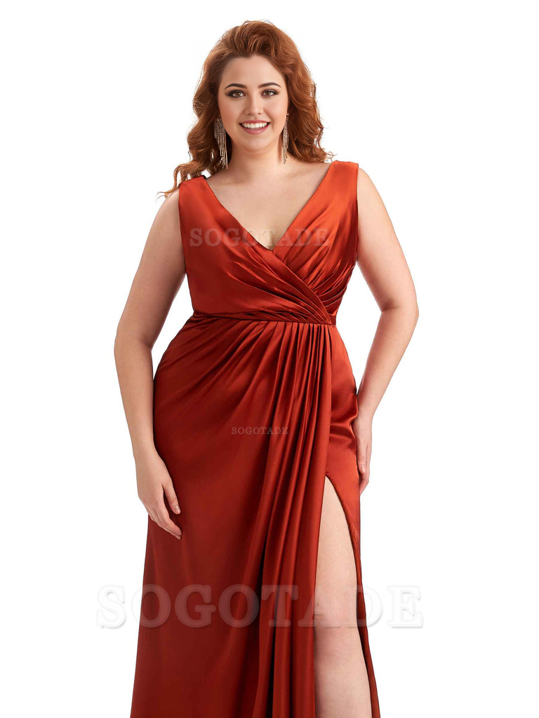 Mermaid V-Neck Satin formal dresses evening gown Bridesmaid Dresses With Side Slit 
