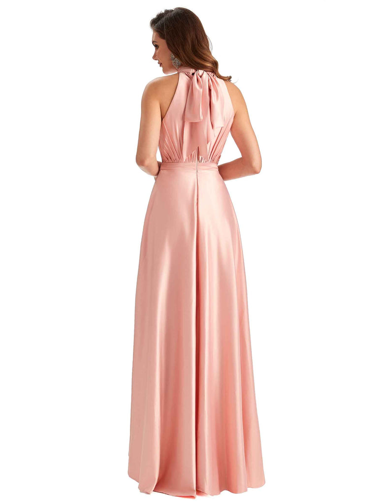 Soft Satin High Neck High Low A-Line Unique Bridesmaid Dresses Online
