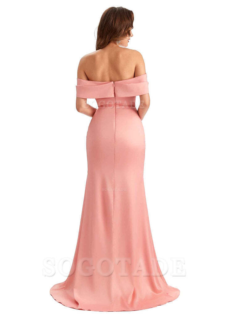Sexy Side Slit Mermaid Soft Satin Off The Shoulder Unique Long Wedding Attendee Dresses
