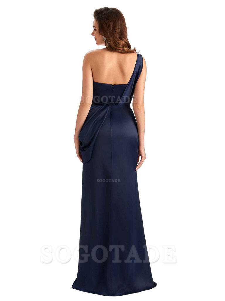 Sexy Mermaid Silky Satin Side Slit One Shoulder Unique Long Wedding Guest Dresses