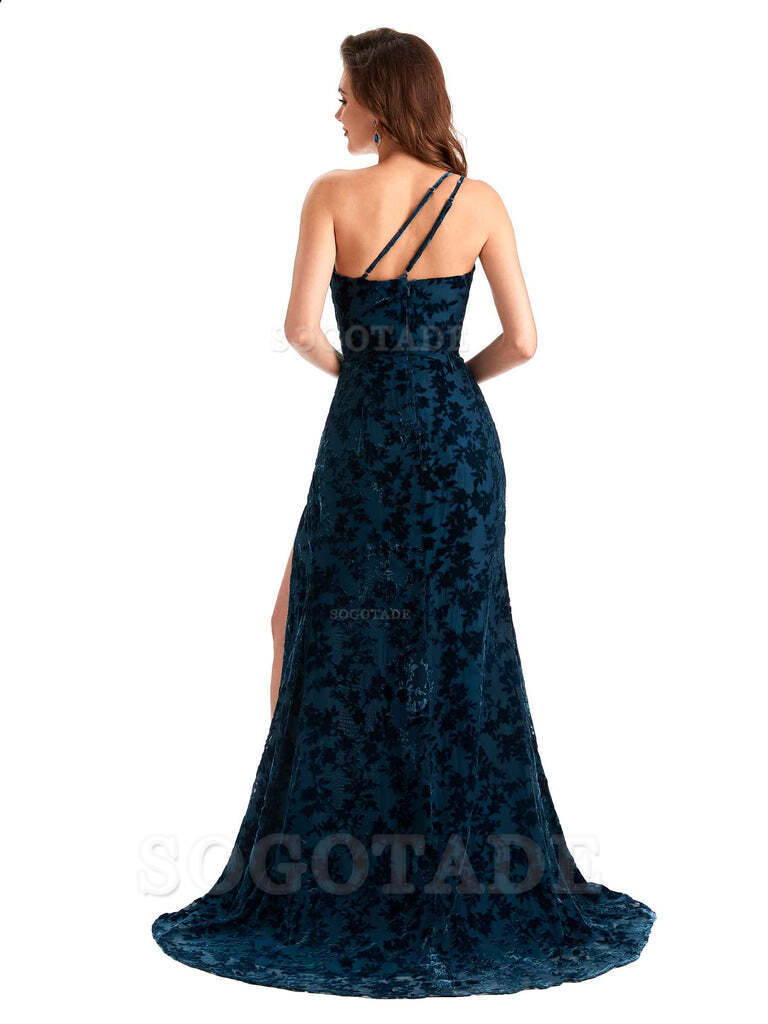 Elegant One Shoulder Side Slit Mermaid Floral Velvet Long Bridesmaid Dresses Online