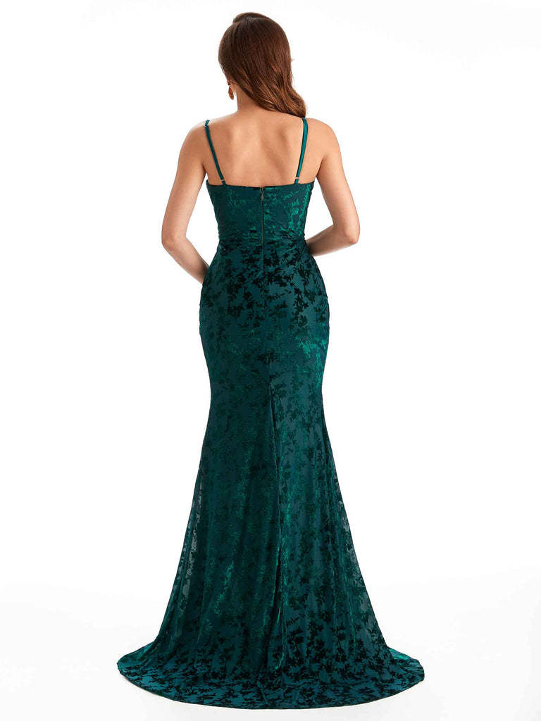 Sexy Spaghetti Straps Side Slit Mermaid Floral Velvet Long Bridesmaid Dresses Online