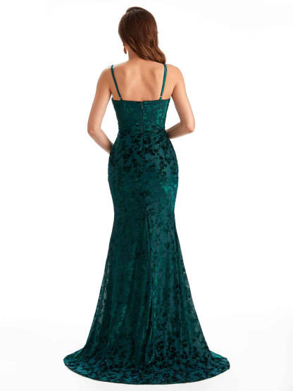 Sexy Spaghetti Straps Side Slit Mermaid Floral Velvet Long Bridesmaid Dresses Online