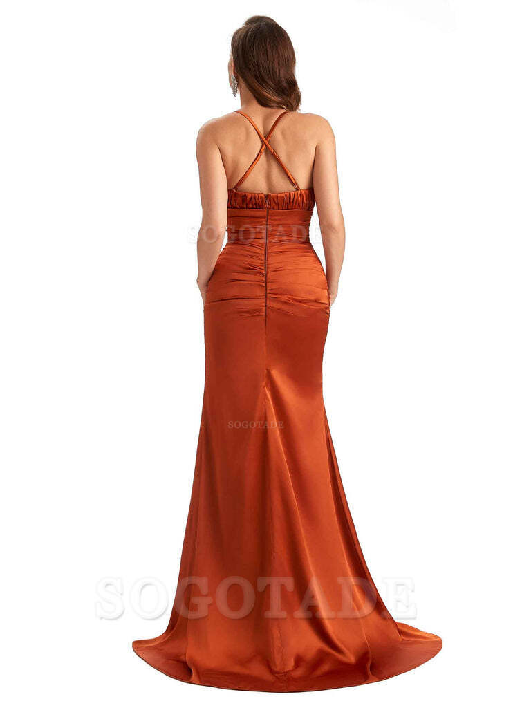 Sexy Side Slit Mermaid Soft Satin Spaghetti Straps Criss Cross Long Bridesmaid Dresses