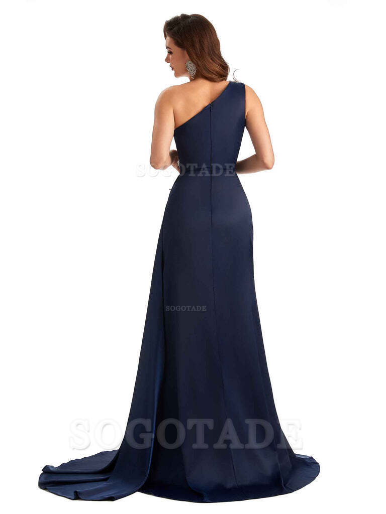 Sexy Side Slit Mermaid Soft Satin One Shoulder Lace Long Modern Bridesmaid Dresses