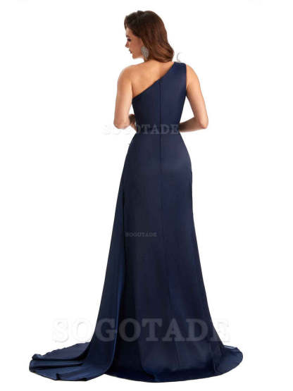 Sexy Side Slit Mermaid Soft Satin One Shoulder Lace Long Modern Bridesmaid Dresses