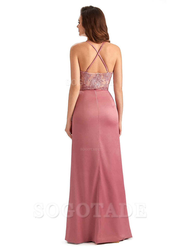 Sexy Side Slit Mermaid Lace Silky Satin Long Wedding Day Guest Dresses