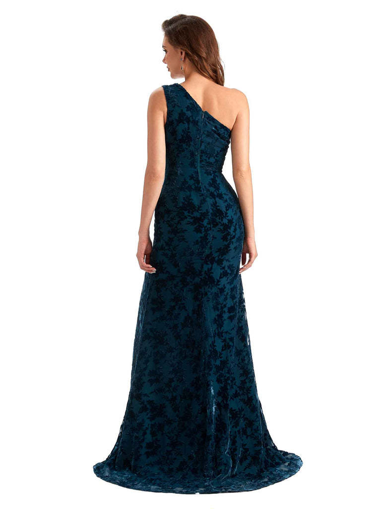 Elegant One Shoulder Mermaid Side Slit Floral Velvet Unique Long Bridesmaid Dresses