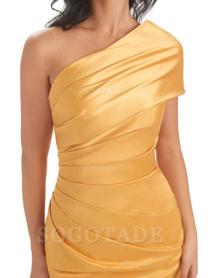 Mermaid One Shoulder Satin Long formal dresses evening gown Bridesmaid Dresses With Side Slit 