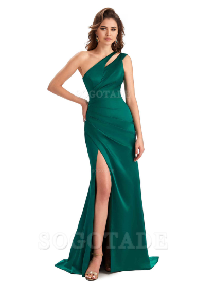 Mermaid One Shoulder Satin Sexy formal dresses evening gown Bridesmaid Dresses With Side Slit 