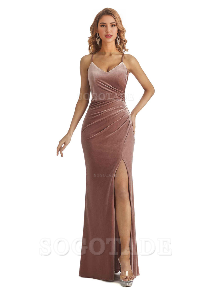 Elegant Mermaid Spaghetti Straps V-Neck Velvet Side Slit Long Bridesmaid Dresses Bridesmaid Dresses Formal Wear Dresses