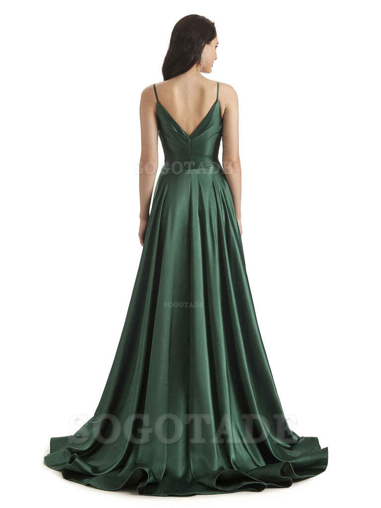 Spaghetti Straps Satin formal dresses evening gown Bridesmaid Dresses With Side Slit 