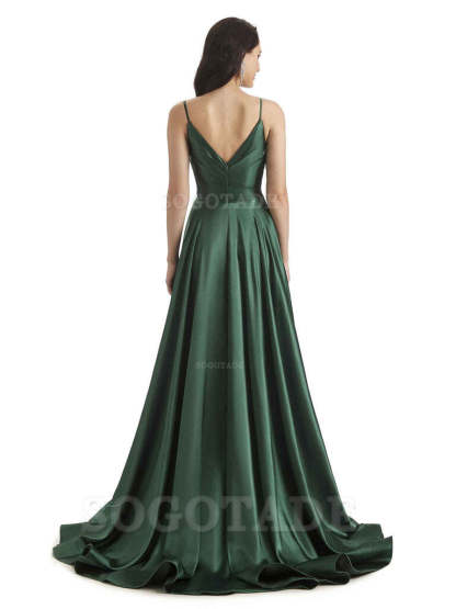 Spaghetti Straps Satin formal dresses evening gown Bridesmaid Dresses With Side Slit 