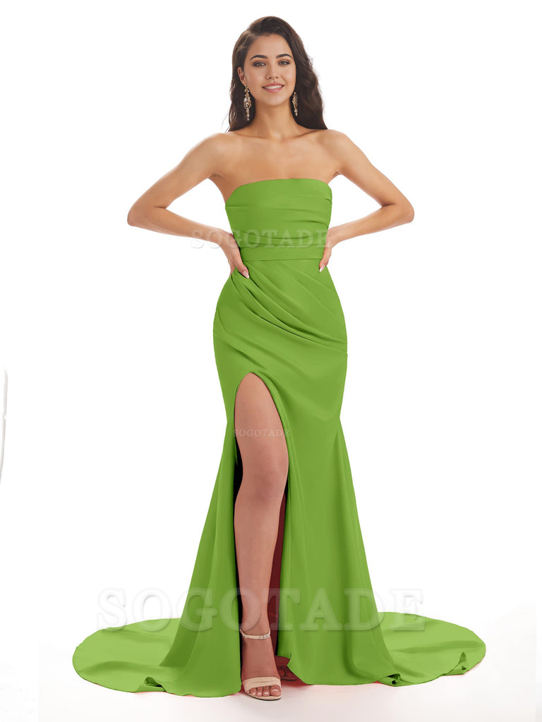 Mermaid Strapless Floor-Length Satin formal dresses evening gown Bridesmaid Dresses With Side Slit 
