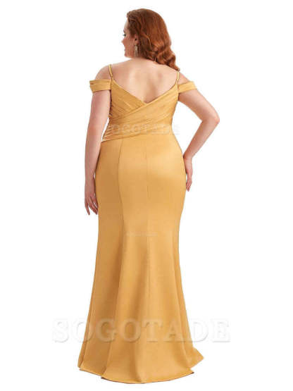 Elegant Cold Shoulder Side Slit Mermaid Soft Satin Long Plus Size Bridesmaid Gowns