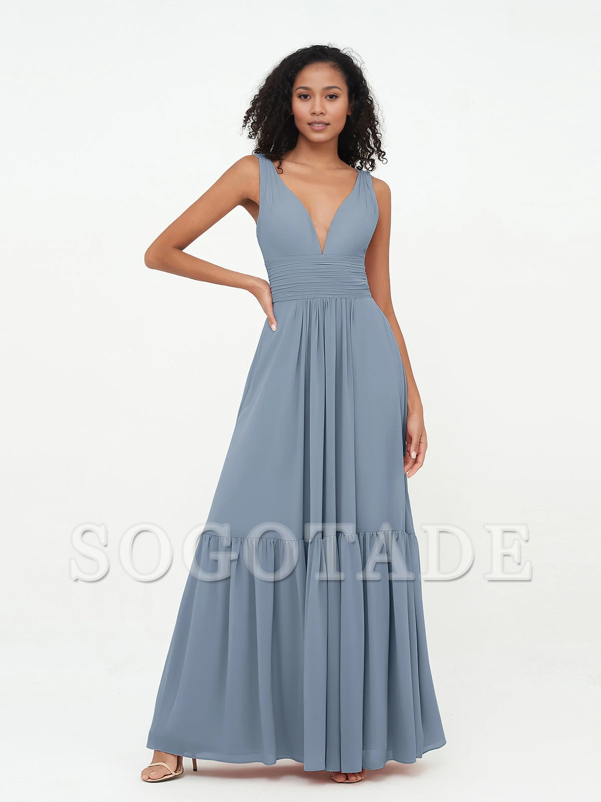 Deep V-neck chiffon layered skirt Bohemian style dress
