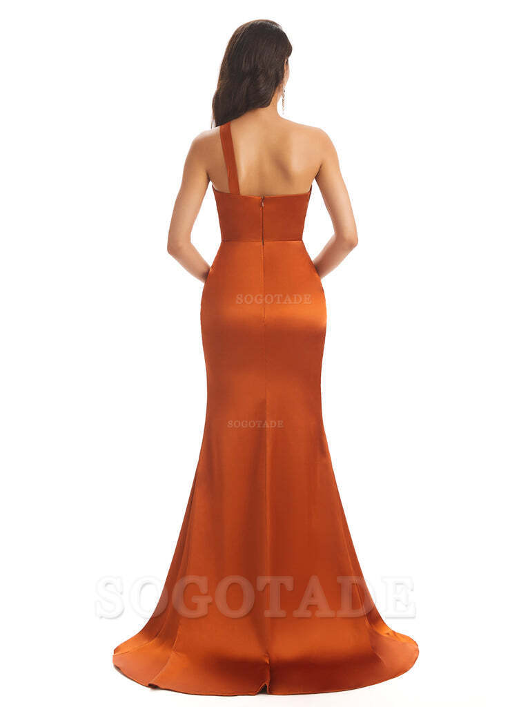 Sexy Soft Satin Side Slit One Shoulder Long Maxi Mermaid Bridesmaid Dresses vestido de festa de casamento ﻿