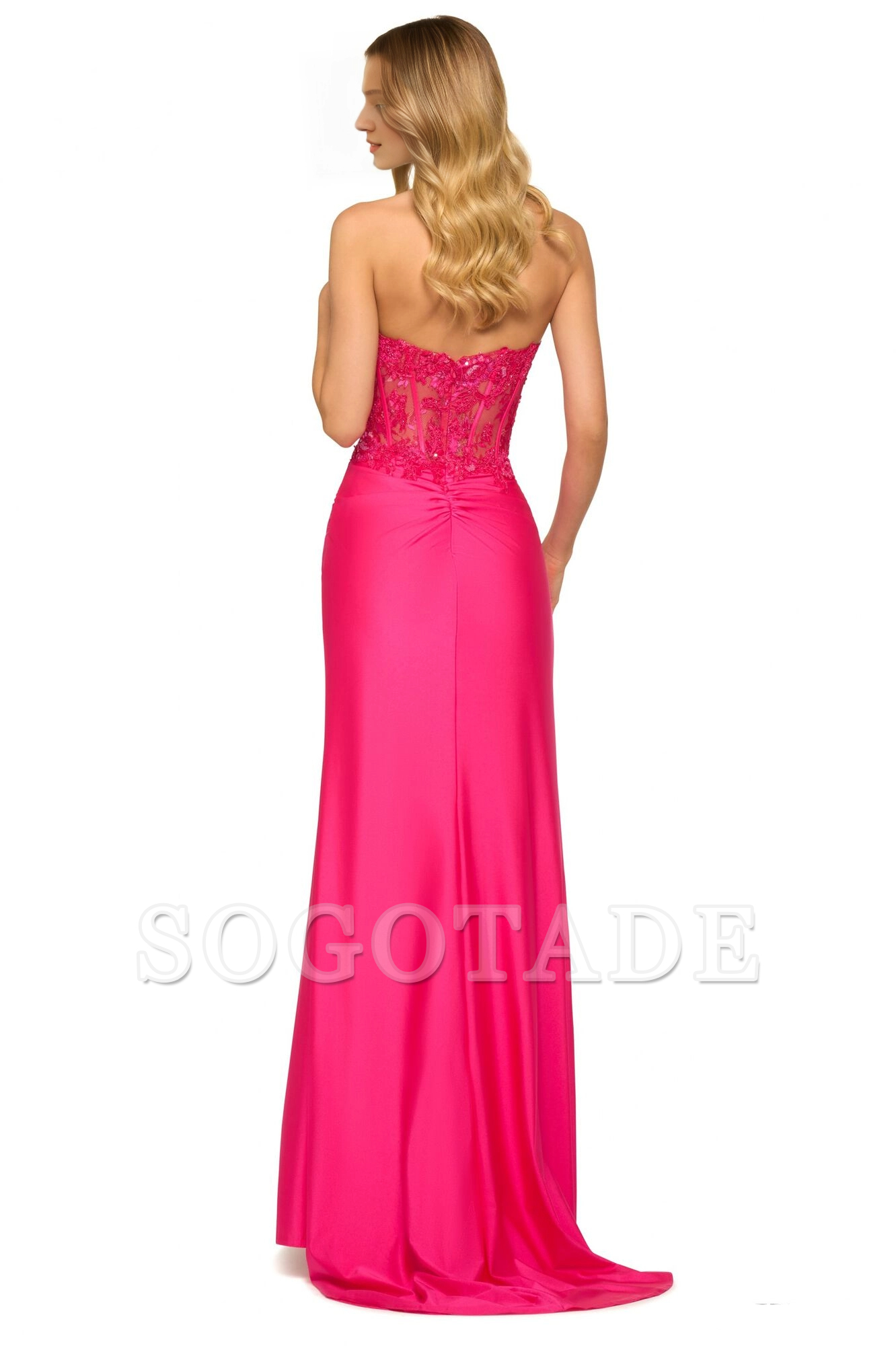 Strapless fit lace corset with slit and floor length Prom dress
