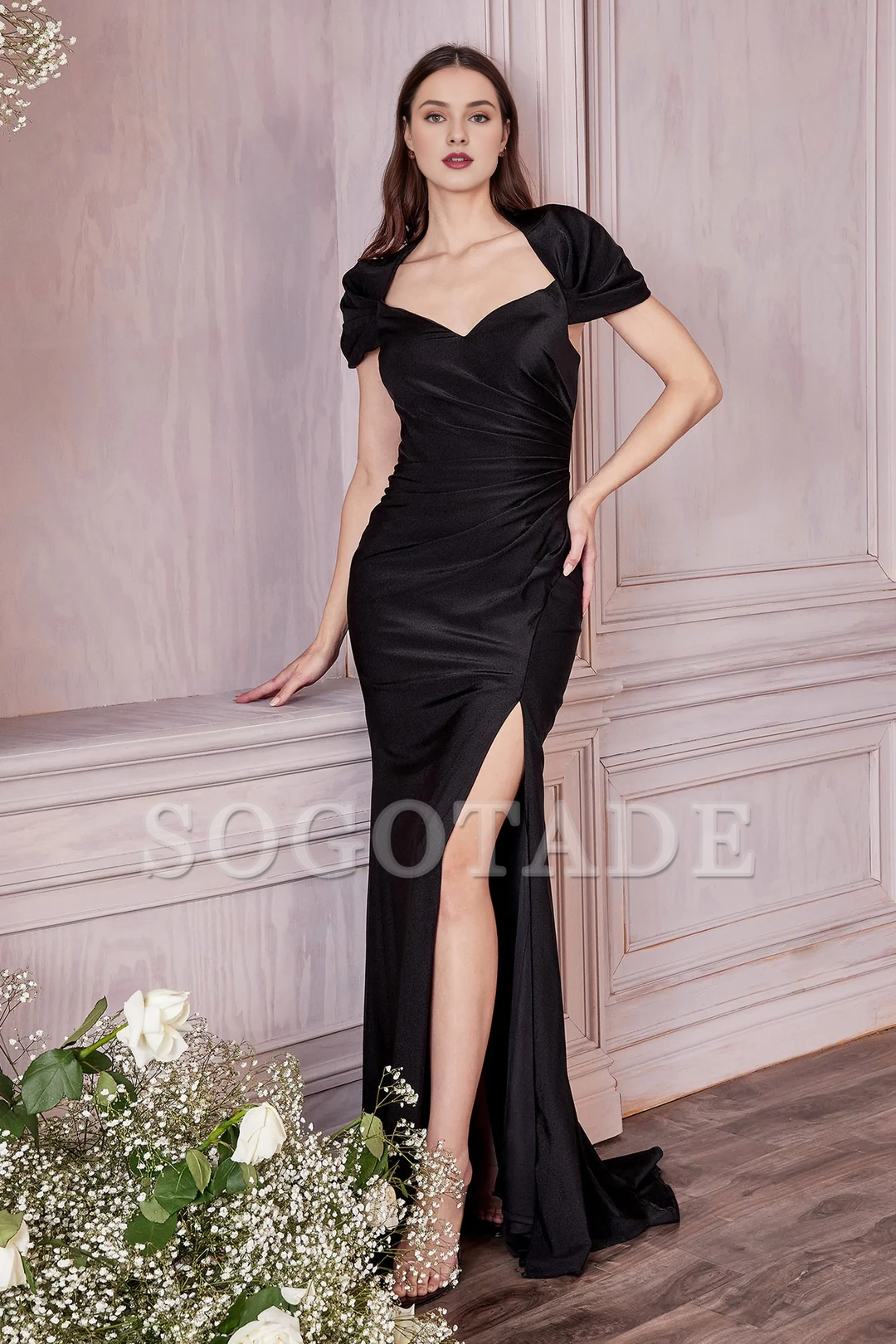 Fitted slit skirt, long short sleeved satin dress