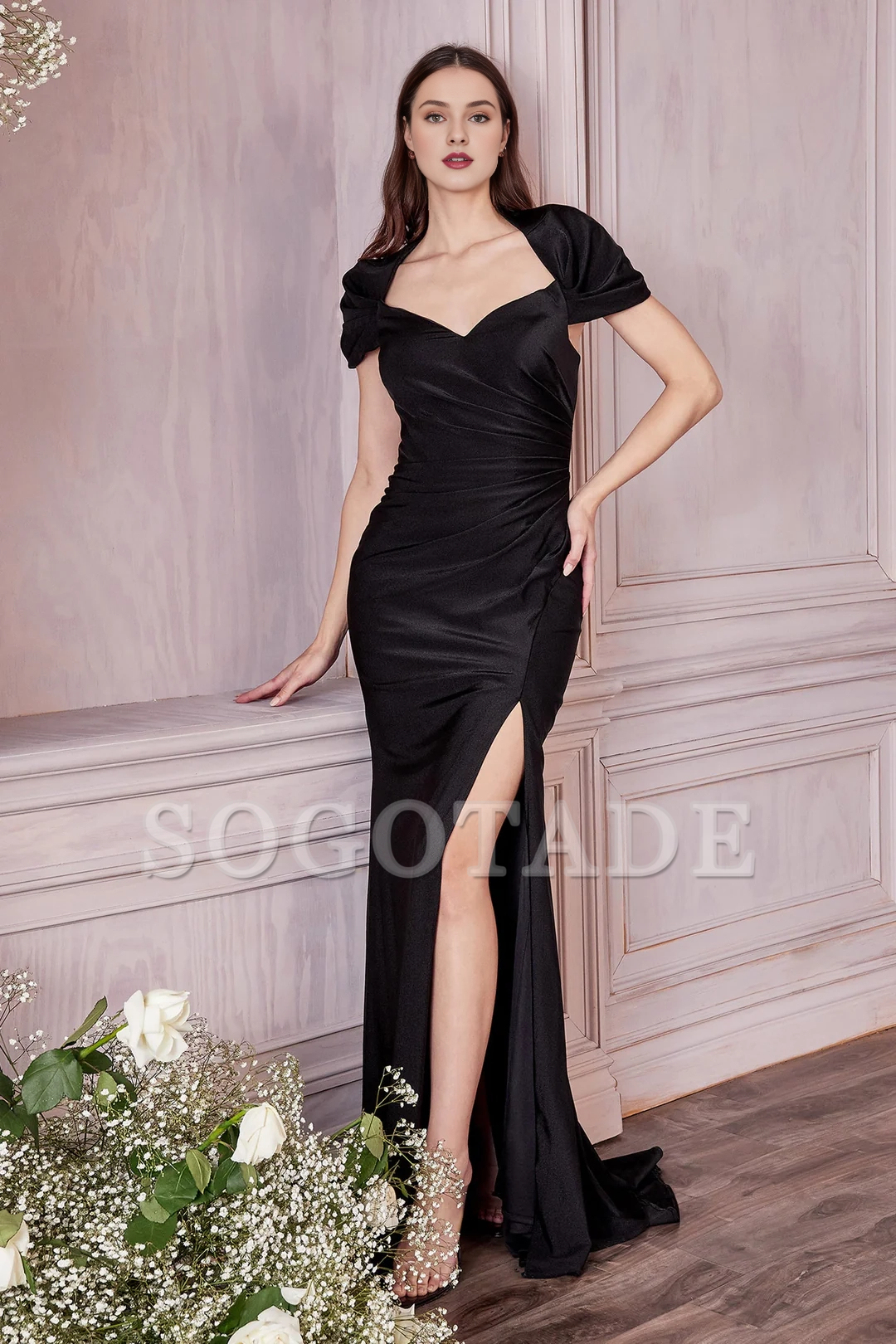 Fitted slit skirt, long short sleeved satin dress