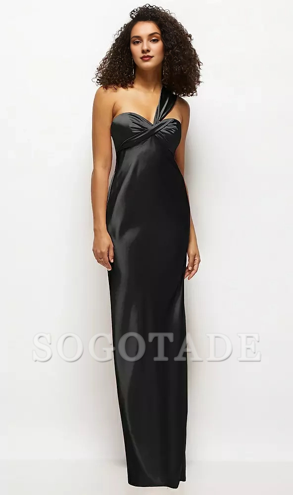 Satin twisted pattern strapless one shoulder twill extra long bridesmaid dress