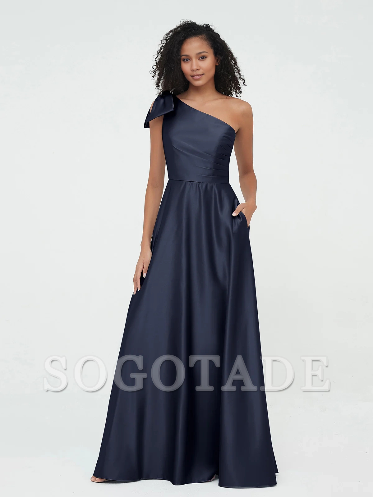 Pocket one shoulder long satin bridesmaid dress