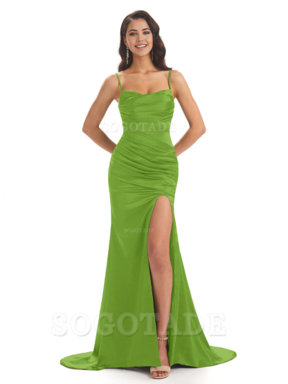 Mermaid Spaghetti Straps Satin Side Slit formal dresses evening gown Bridesmaid Dresses