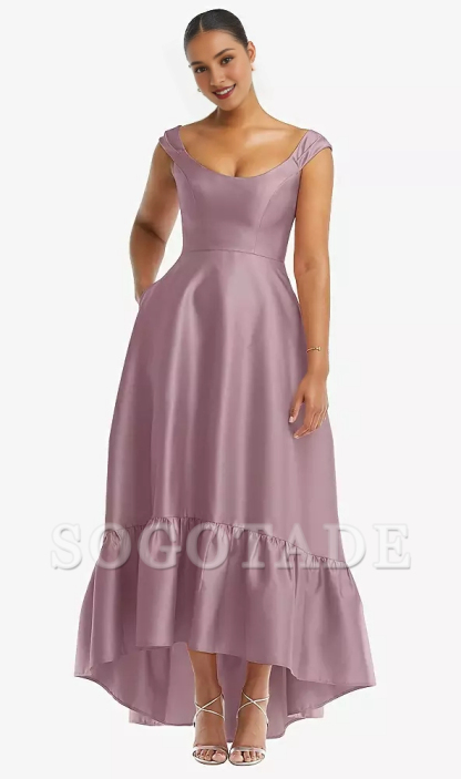 Pocket lid sleeves deep ruffle hem satin high and low hem Prom dress