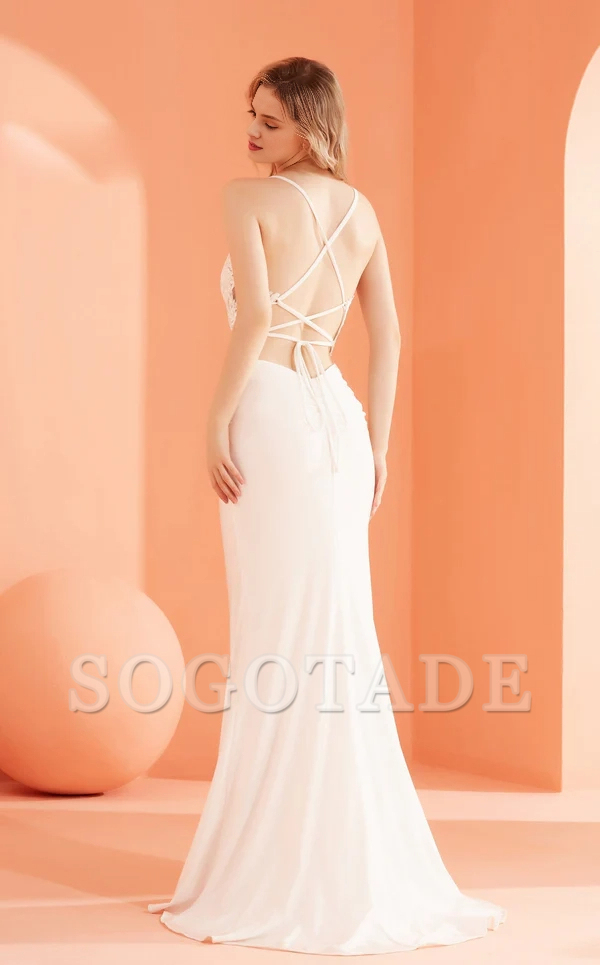 Deep V-neck floral embroidery tight fitting clothing and floor length Prom dress