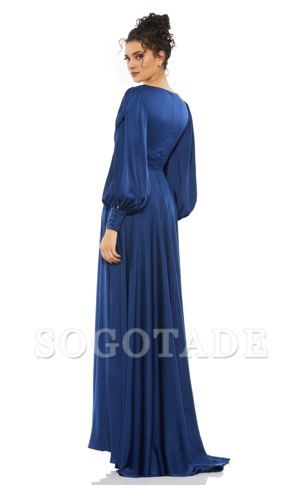 A-line V-neck satin long sleeved back zipper and floor length Prom dress