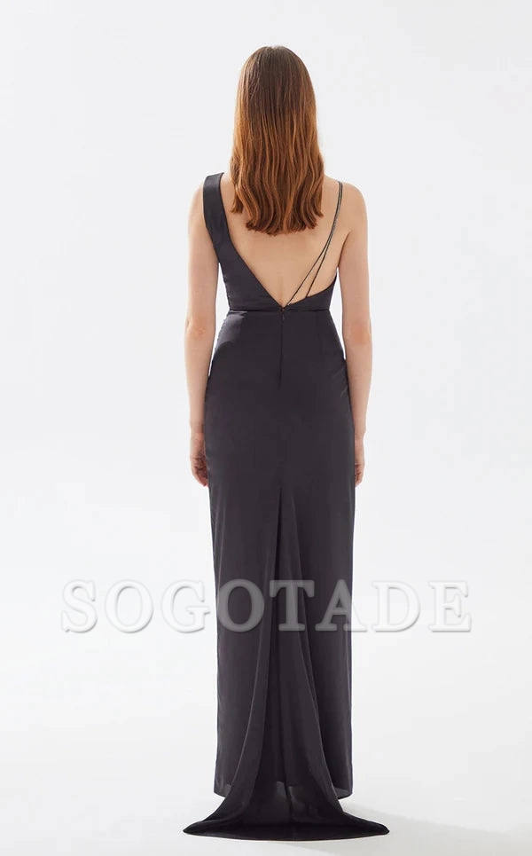 V-neck asymmetrical shoulder strap wrap and floor length evening dress