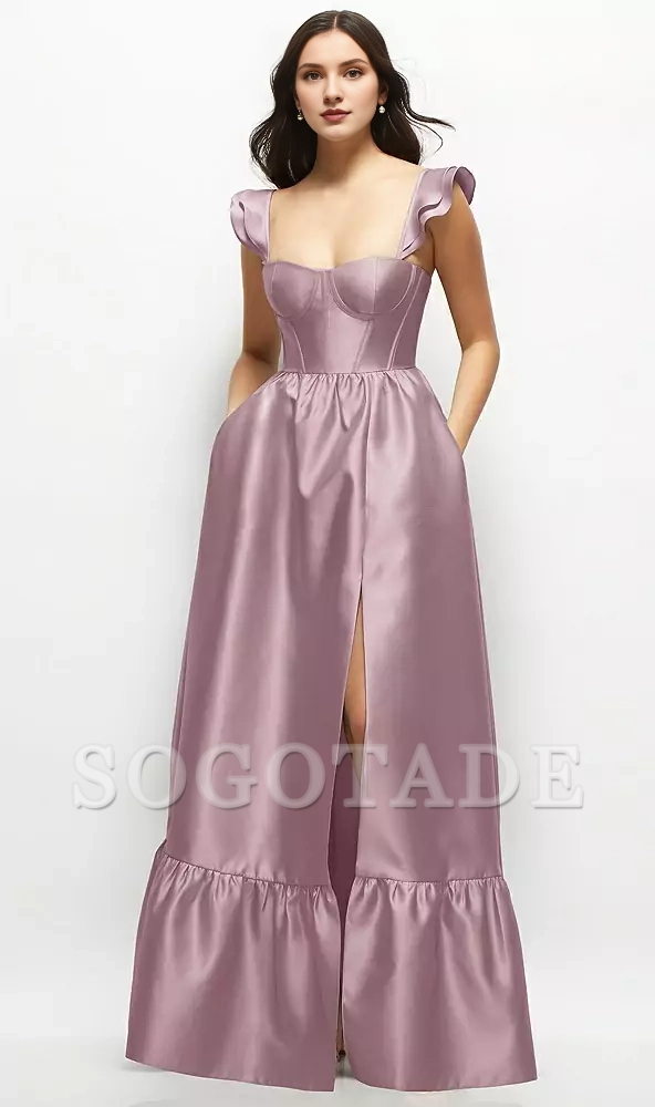 Ruffle shoulder strap satin tight corset long bridesmaid dress
