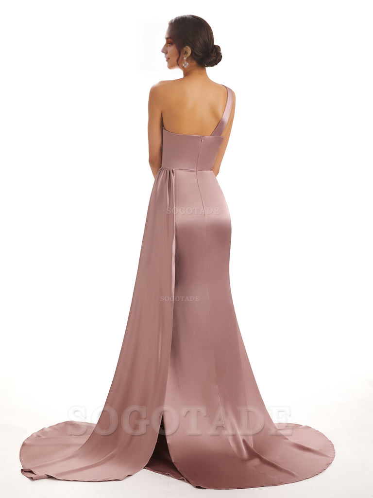 Elegant One Shoulder Soft Satin Unique Mermaid Long Bridesmaid Dresses Online prom dresses shops