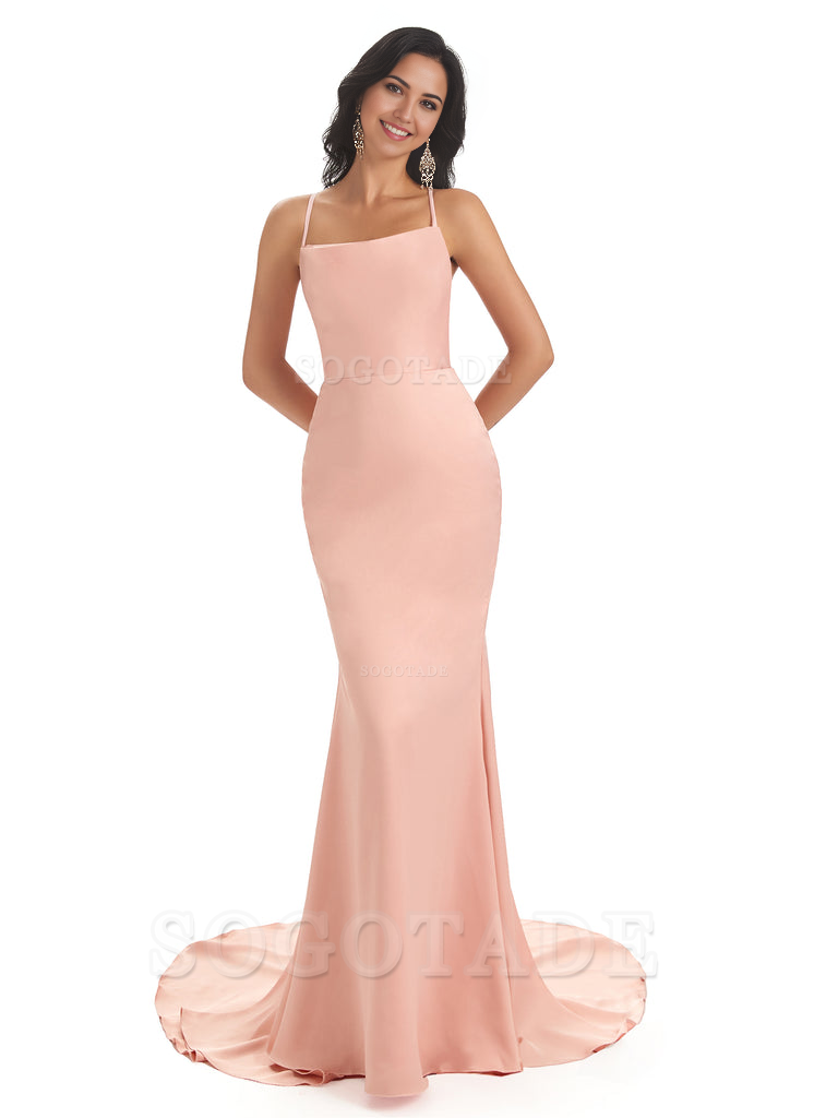 Mermaid Spaghetti Backless Straps Satin Long formal dresses evening gown Bridesmaid Dresses