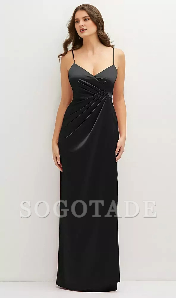 Asymmetric hanging pleats wrapped in satin with extra long Prom dress