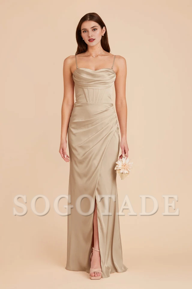 Hood collar tight corset satin thin shoulder strap bridesmaid dress
