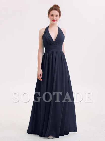 Hanging neck V-neck chiffon bridesmaid dress