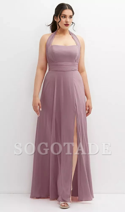 Hanging neck multi-directional lace up chiffon long Prom dress