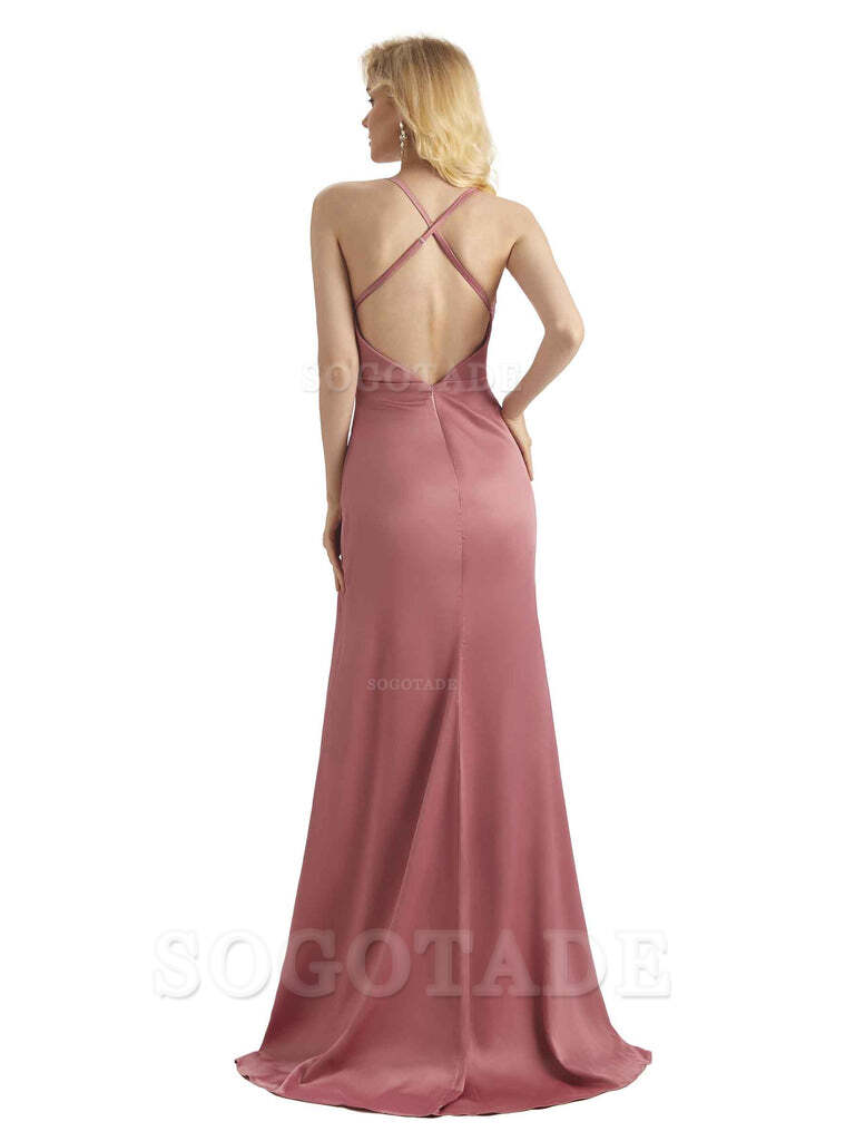 Sheath Cowl Neck Satin formal dresses evening gown Bridesmaid Dresses With Side Slit 