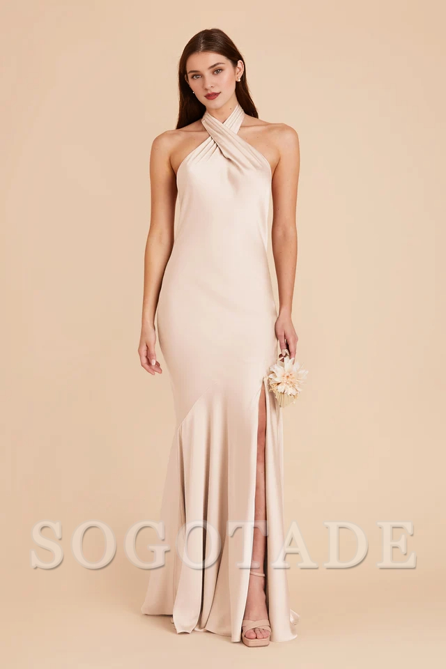 A-line diagonal seam front cross slit hanging neck bridesmaid dress-SOGOTADE