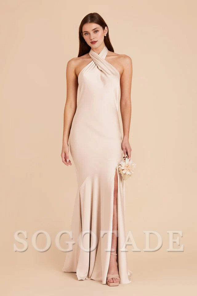 A-line diagonal seam front cross slit hanging neck bridesmaid dress-SOGOTADE