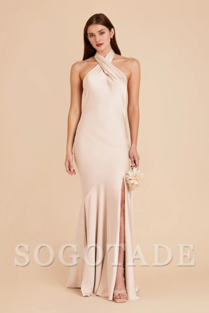 A-line diagonal seam front cross slit hanging neck bridesmaid dress-SOGOTADE