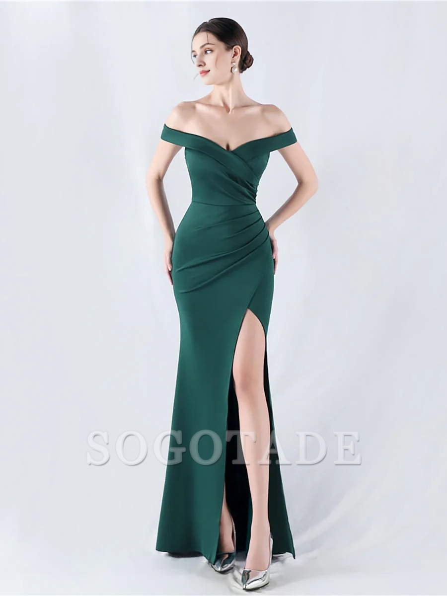 Off shoulder pleated slit and floor length gown evening dresses