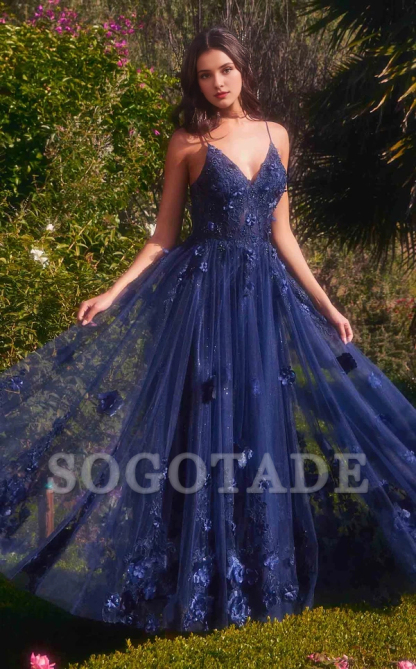 A-line 3D floral decal chiffon thin shoulder strap Prom dress-SOGOTADE