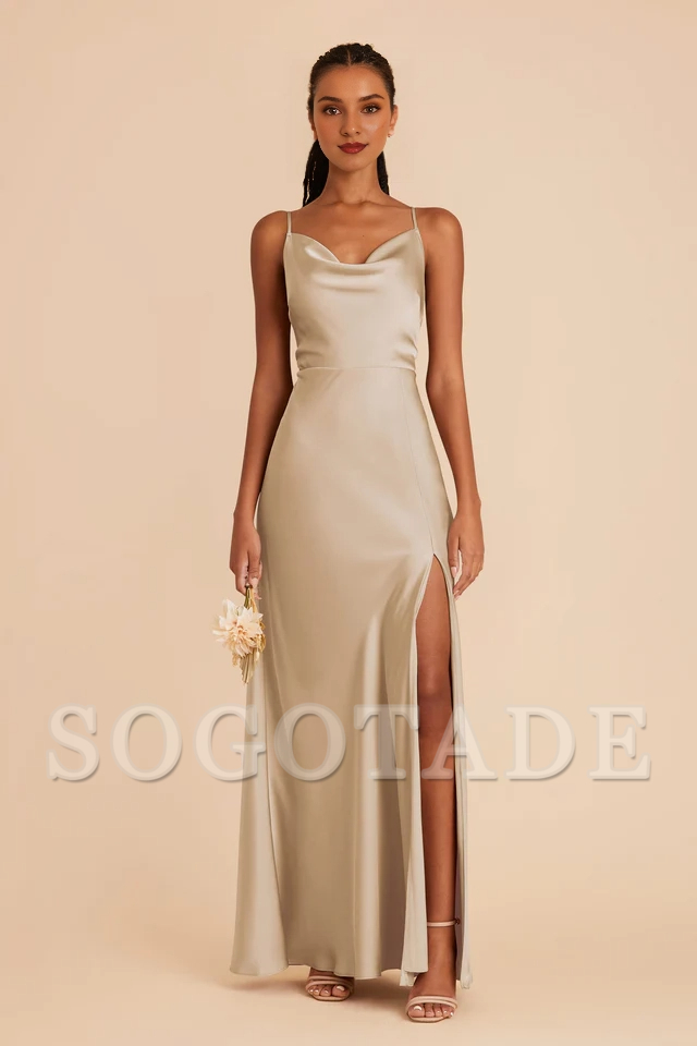 Fully lined pleated neckline with slit and floor length bridesmaid dress