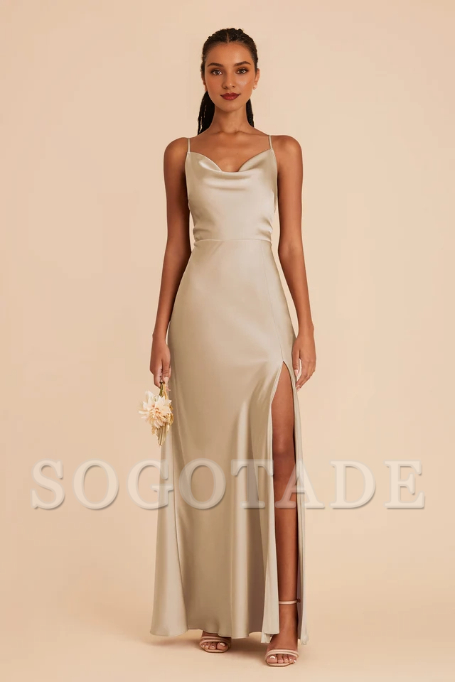 Fully lined pleated neckline with slit and floor length bridesmaid dress
