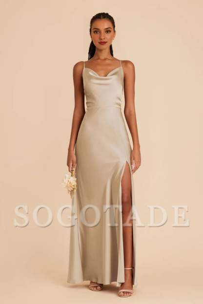 Fully lined pleated neckline with slit and floor length bridesmaid dress