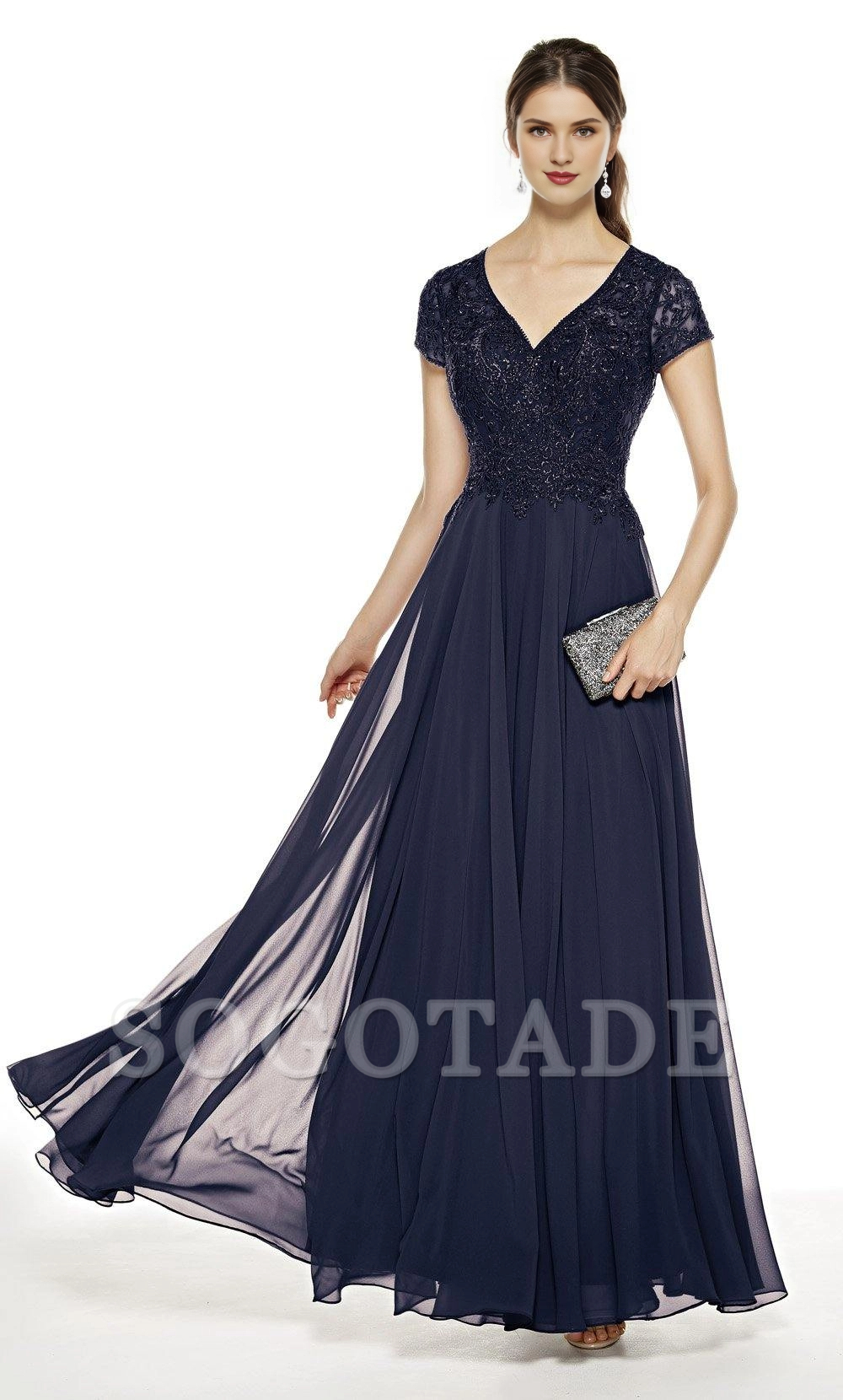 V-neck chiffon flowing lace top short sleeved formal long cut mothers of the bride dresses
