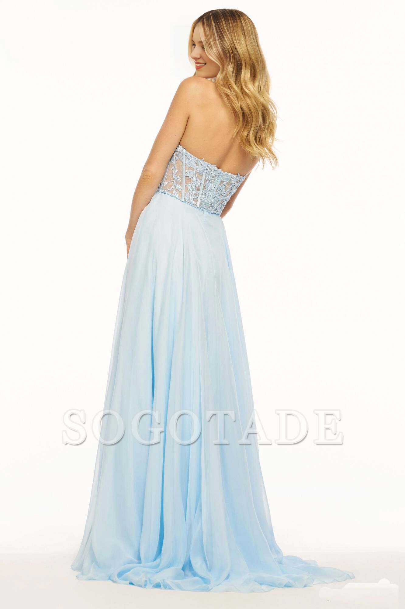 Strapless leaf lace tight corset chiffon and floor length Prom dress